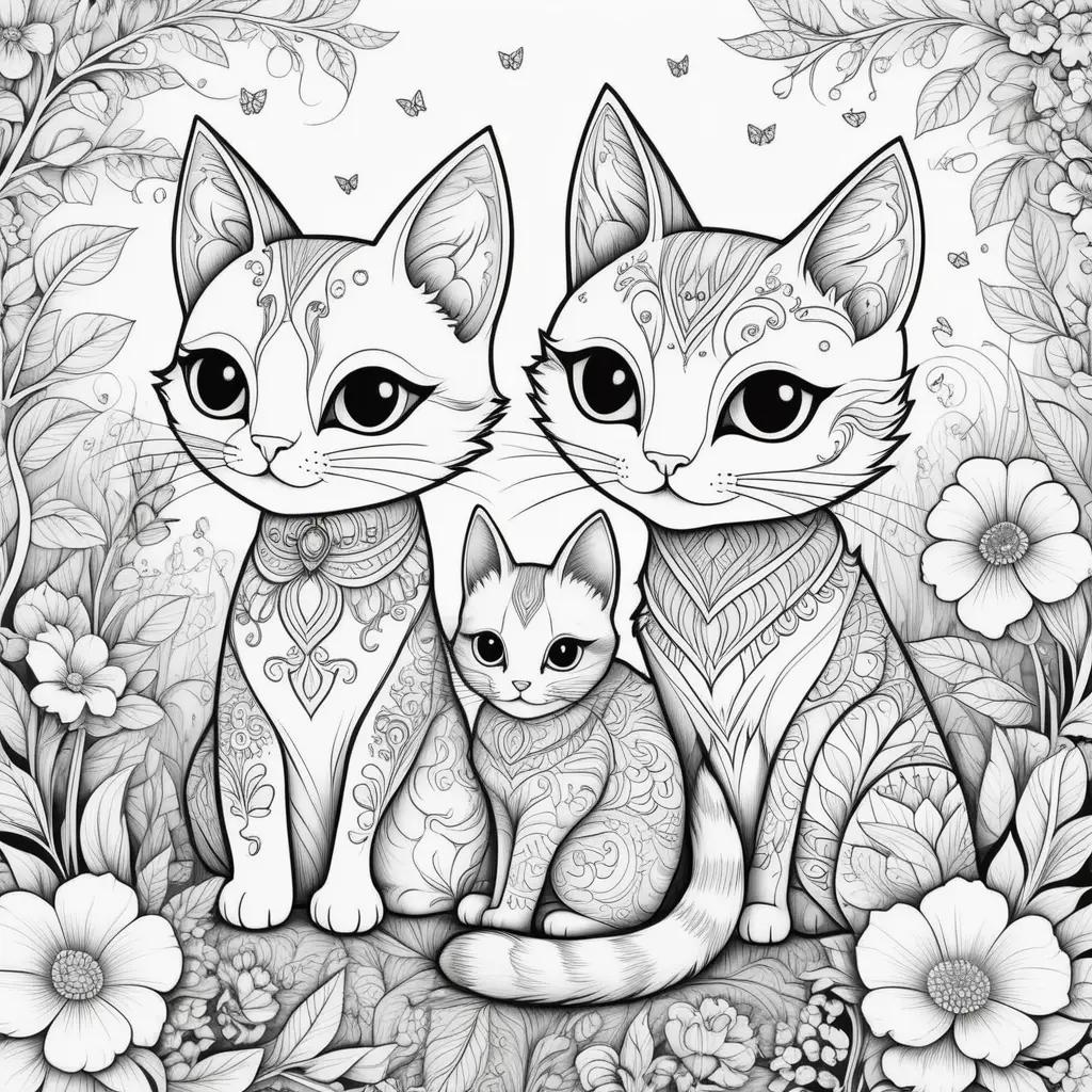 trio of cats sit on a floral background in a black and white coloring page