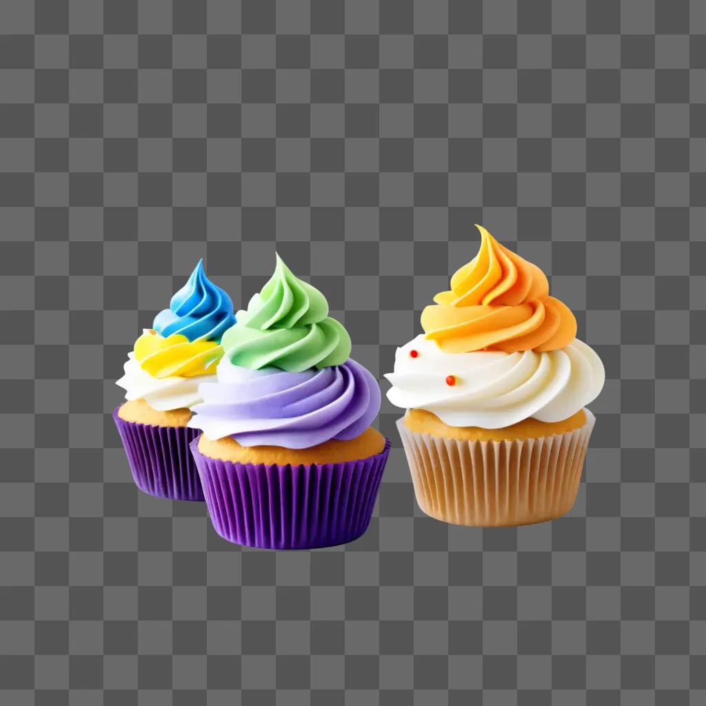 trio of colorful cupcakes on a table