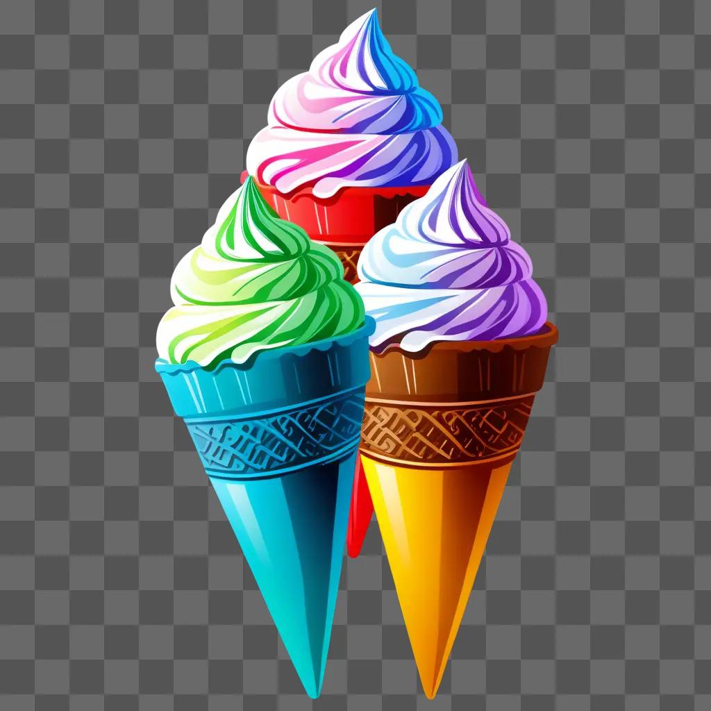 trio of colorful ice cream cones on a light blue background