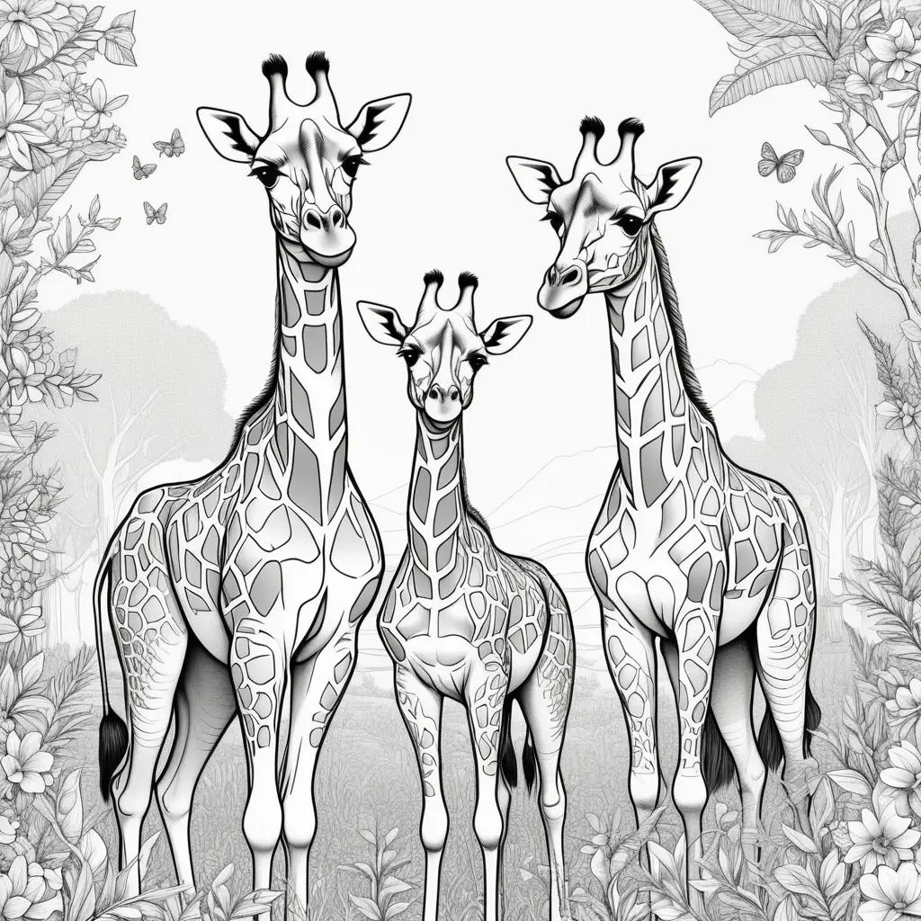 trio of giraffes on coloring pages