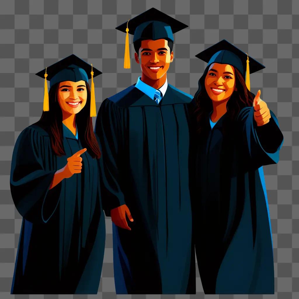 trio of graduates pose in graduation cap and gown