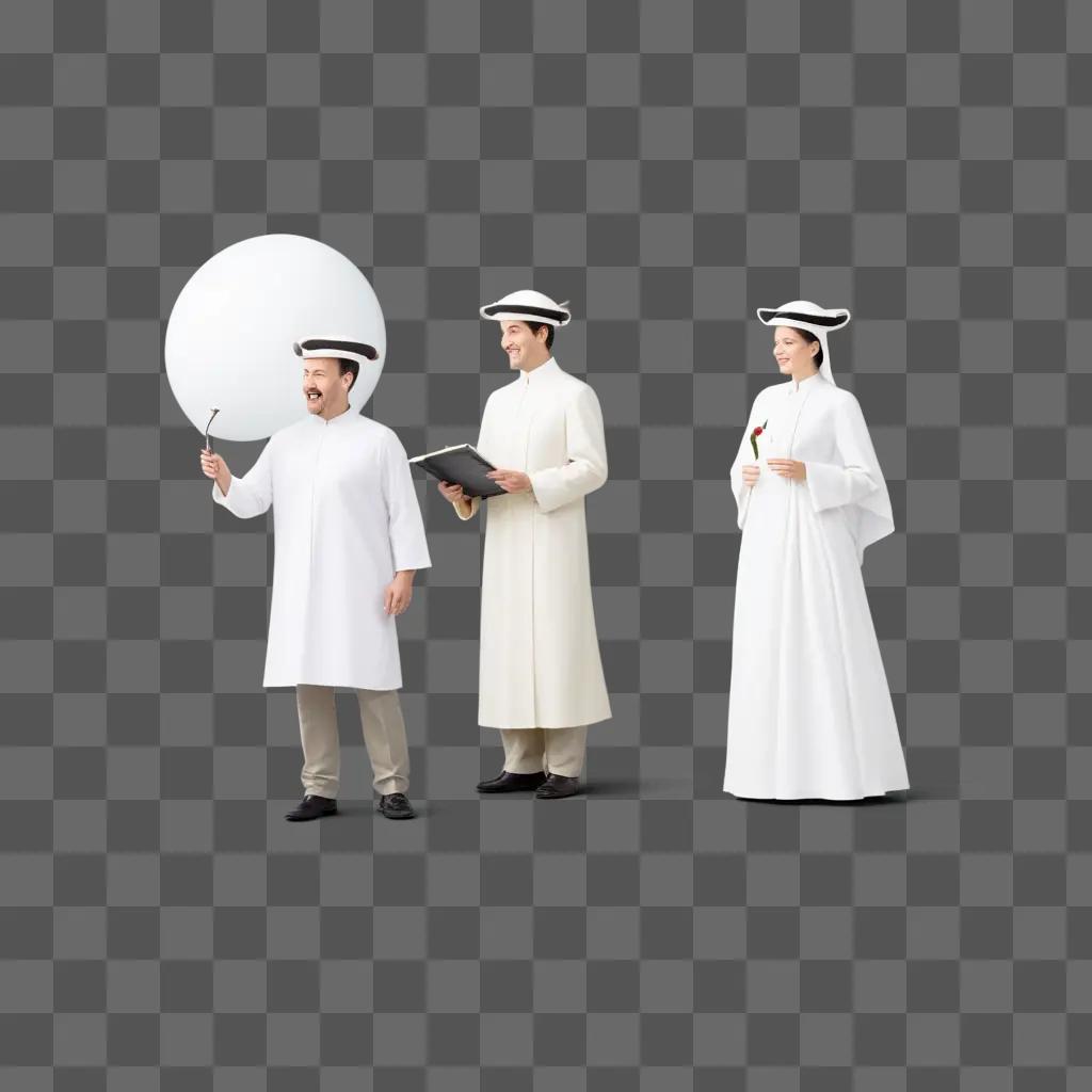 trio of people in white are standing