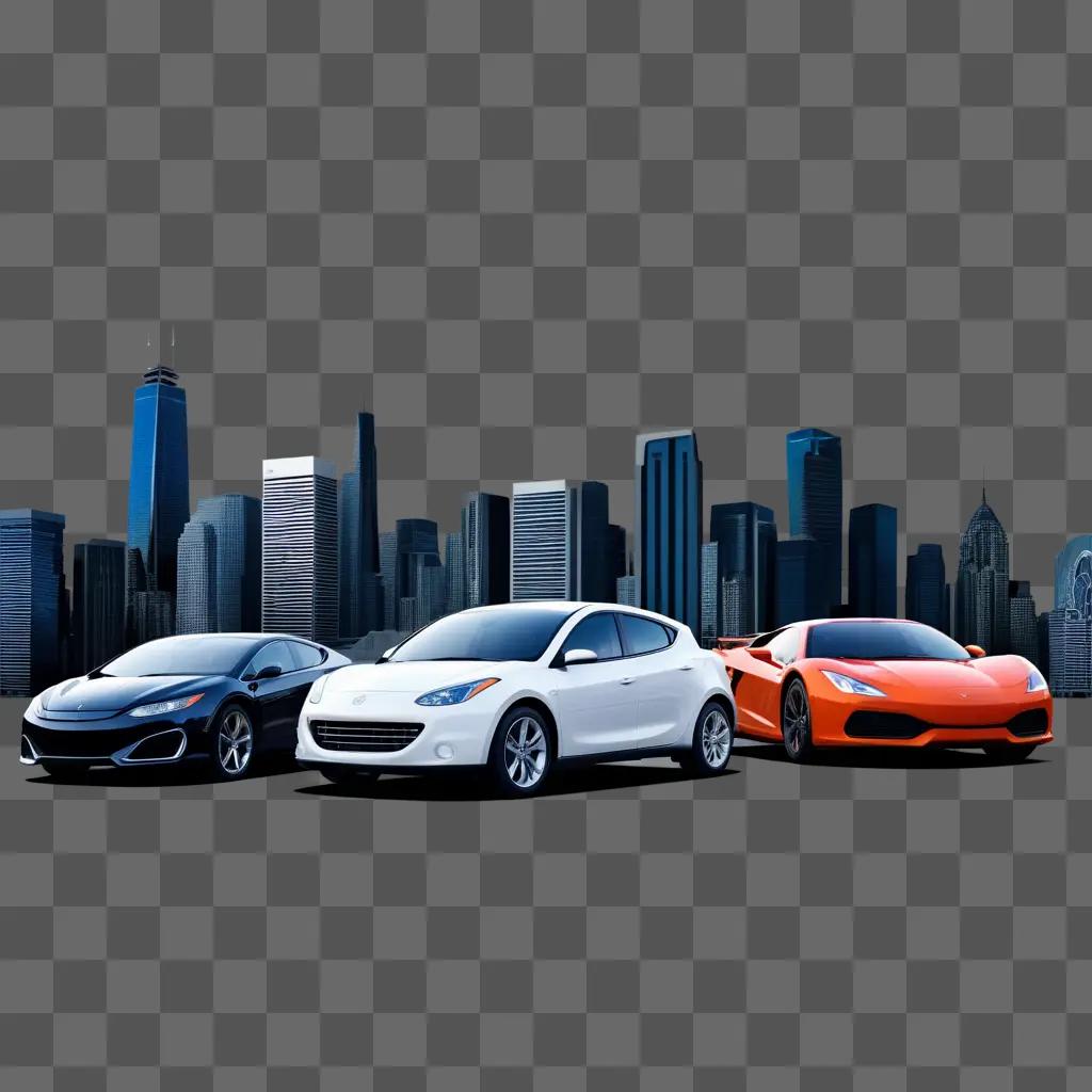 trio of sleek sports cars in a cityscape