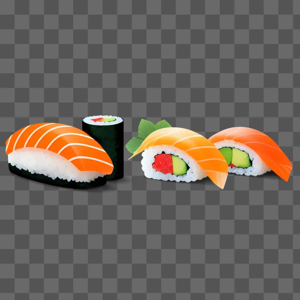 trio of sushi rolls displayed on a brown surface