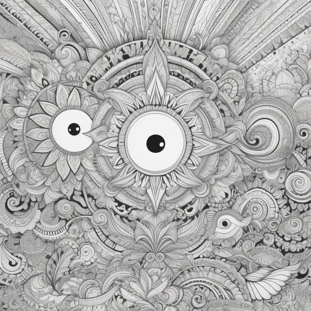 trippy coloring page featuring a bird and eye