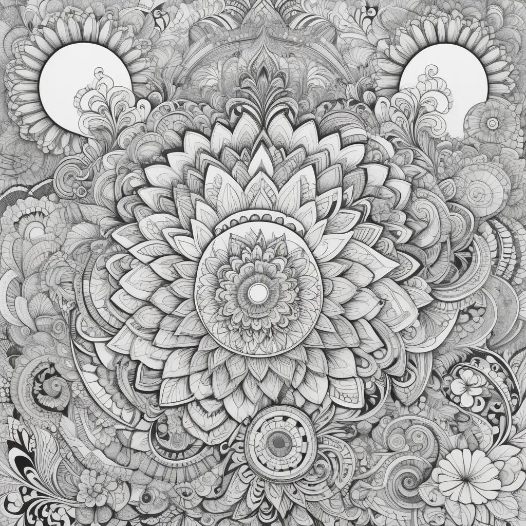 trippy coloring page featuring a flower with intricate designs