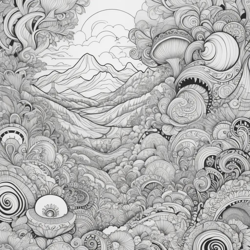 trippy coloring page featuring mushrooms and a mountain