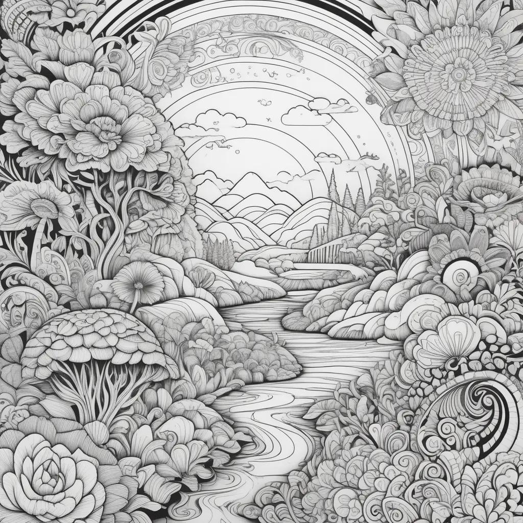 trippy coloring page of a flower garden with a river