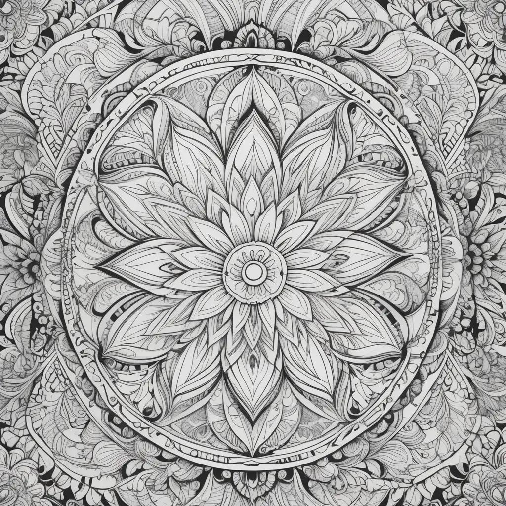 trippy coloring page with a flower in a circle