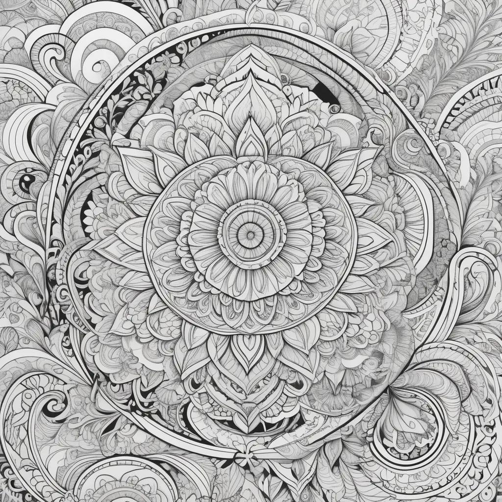 trippy coloring page with a round flower