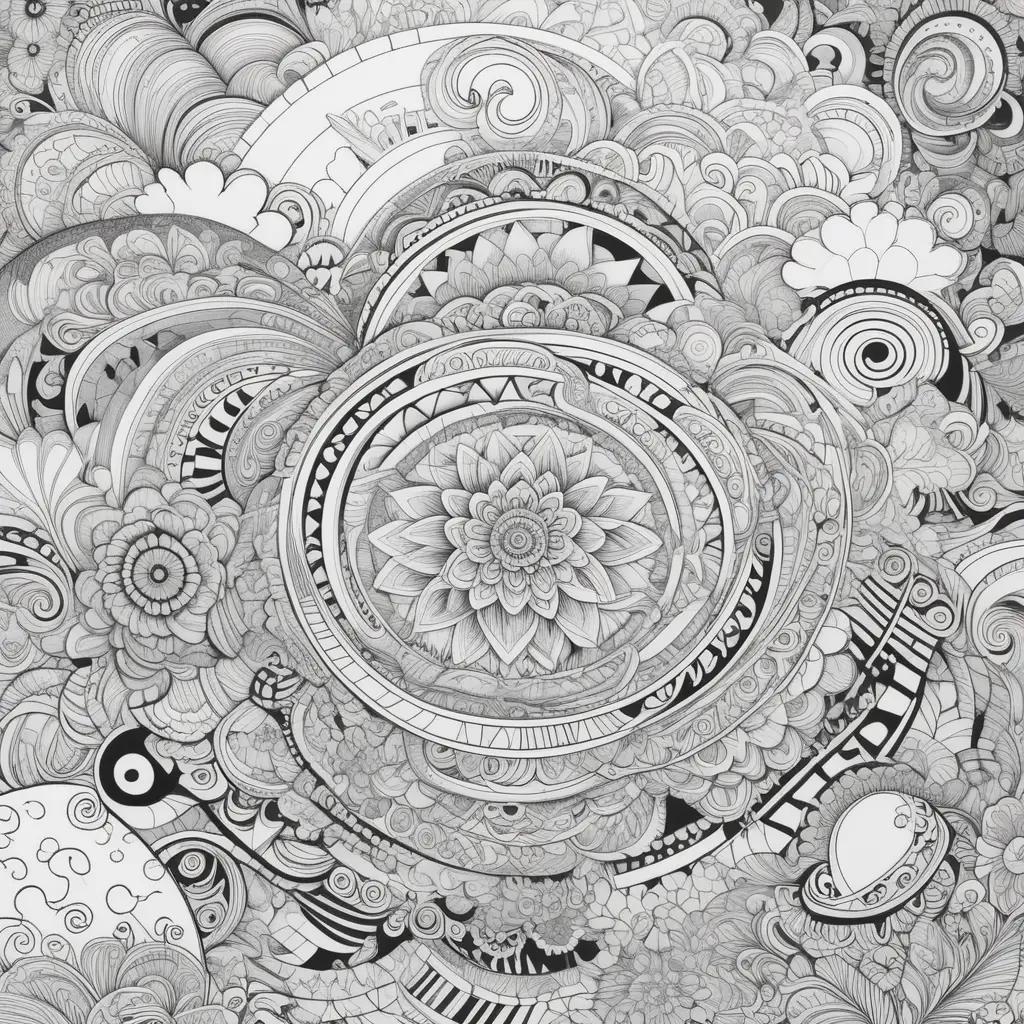 trippy coloring page with black and white lines and flowers