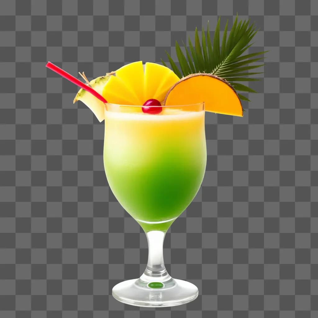 tropical drink is served in a colorful glass