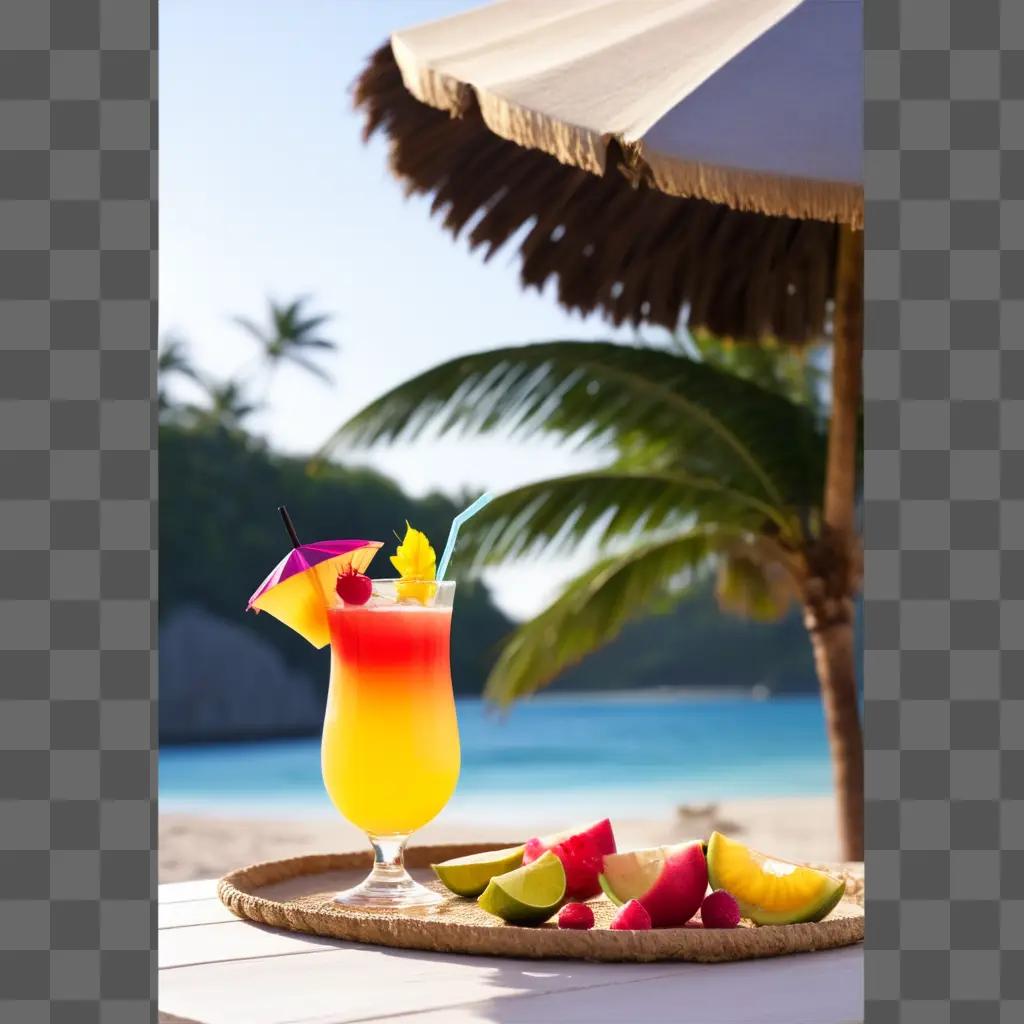 tropical drink on a beach with palm trees