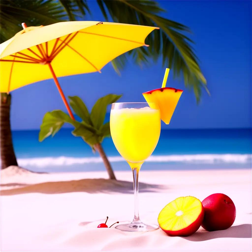 tropical drink sits on a beach under a yellow umbrella