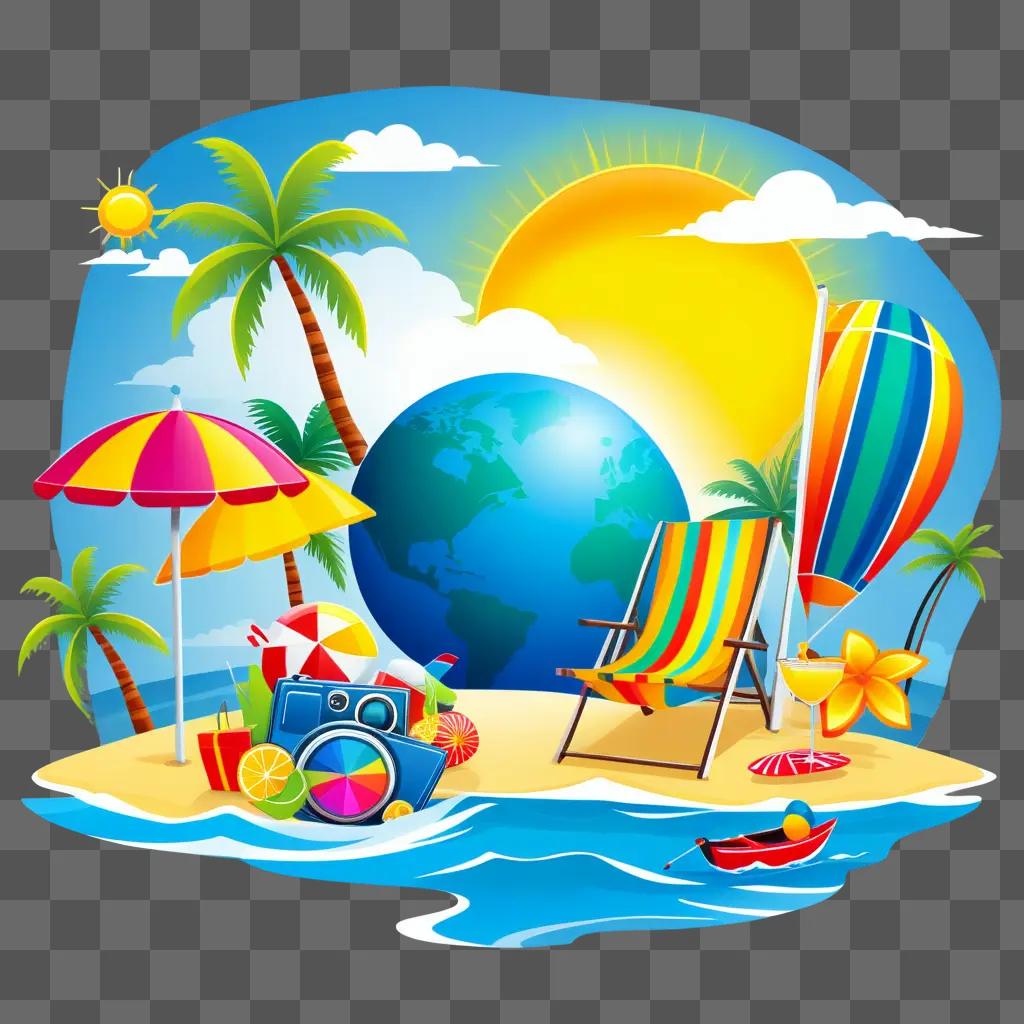 tropical island vacation with beach umbrella and chair