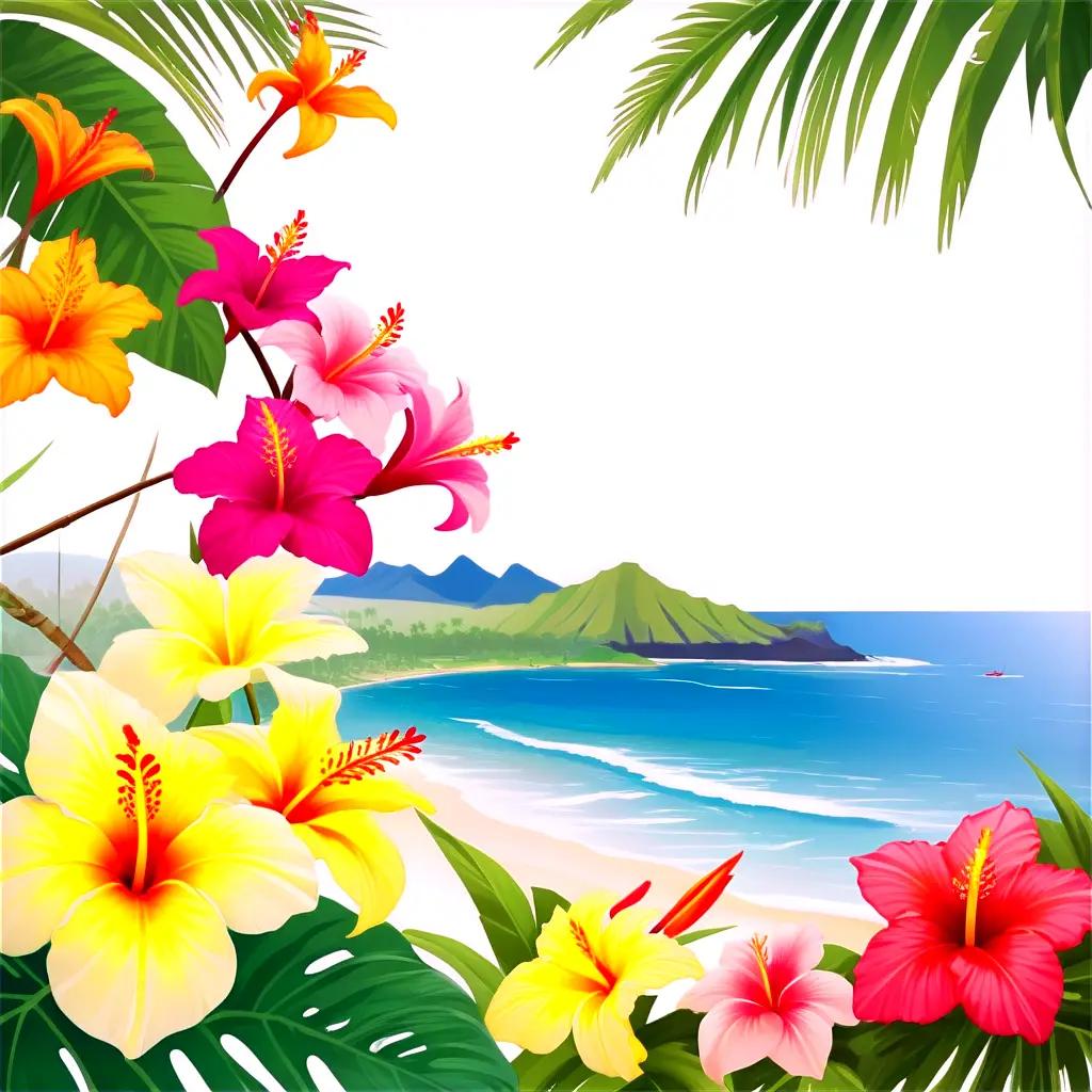 tropical scene with flowers, leaves and water