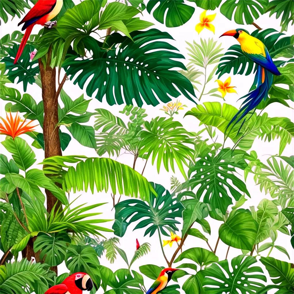 熱帯植物や鳥がいる熱帯の風景