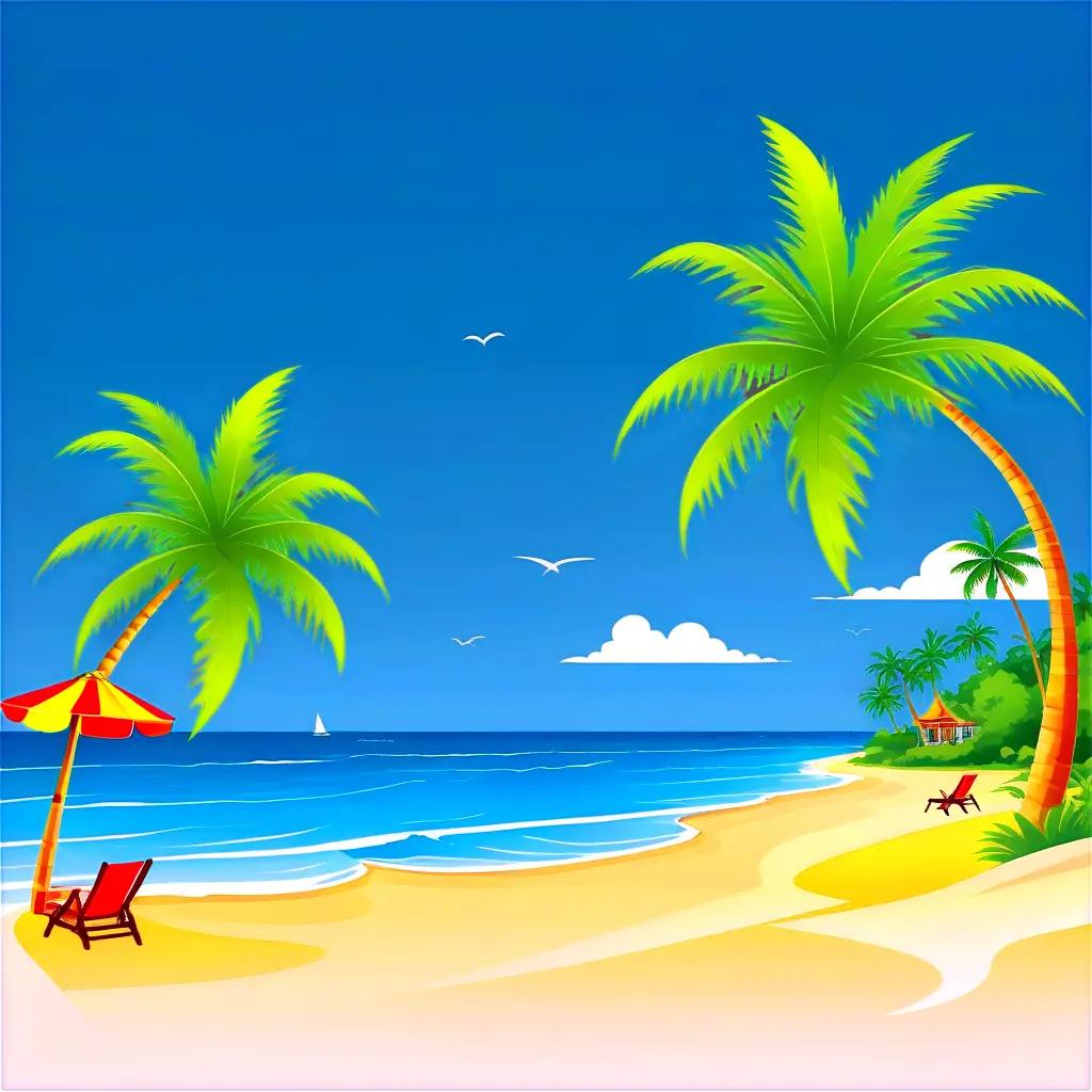 tropical vacation beach scene with palm trees, umbrellas, and chairs