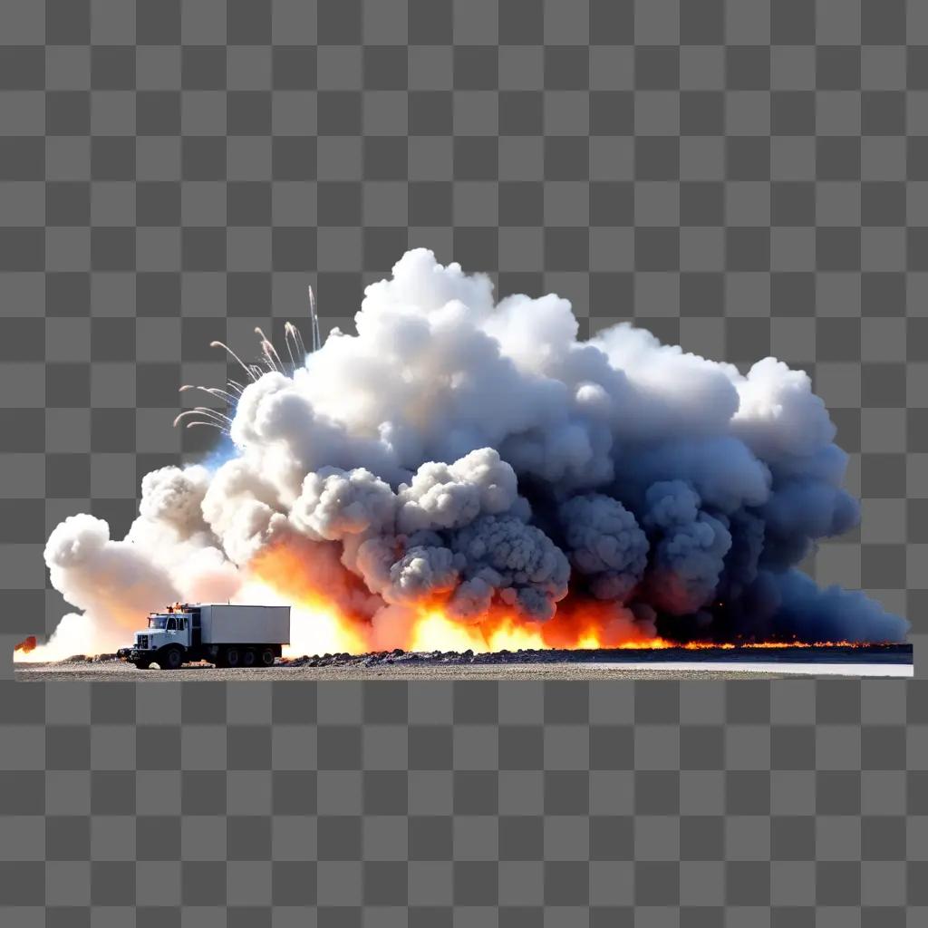 truck drives through a cloud of smoke from an explosion