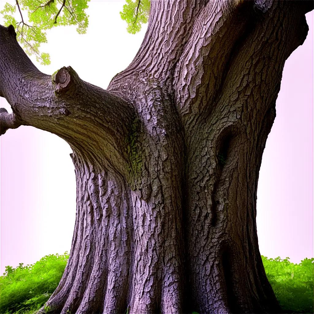 trunk with a green leafy tree in the background