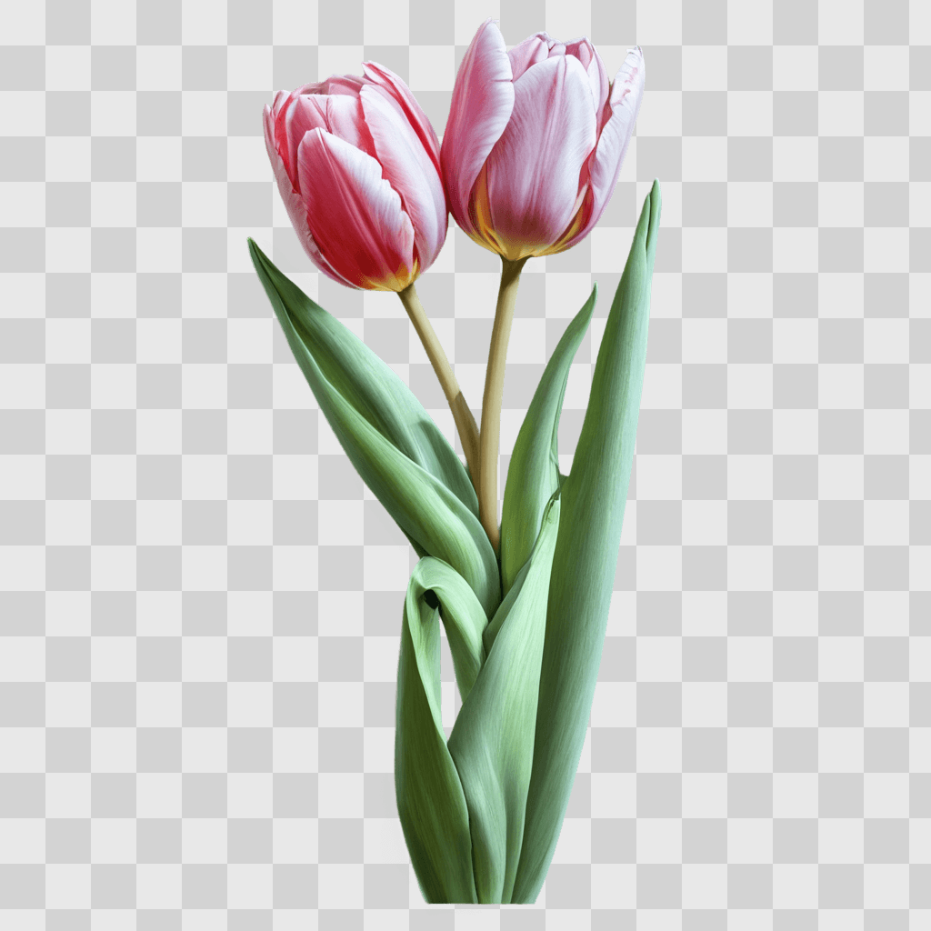 tulip flower drawing Two pink tulips with green leaves against a green background