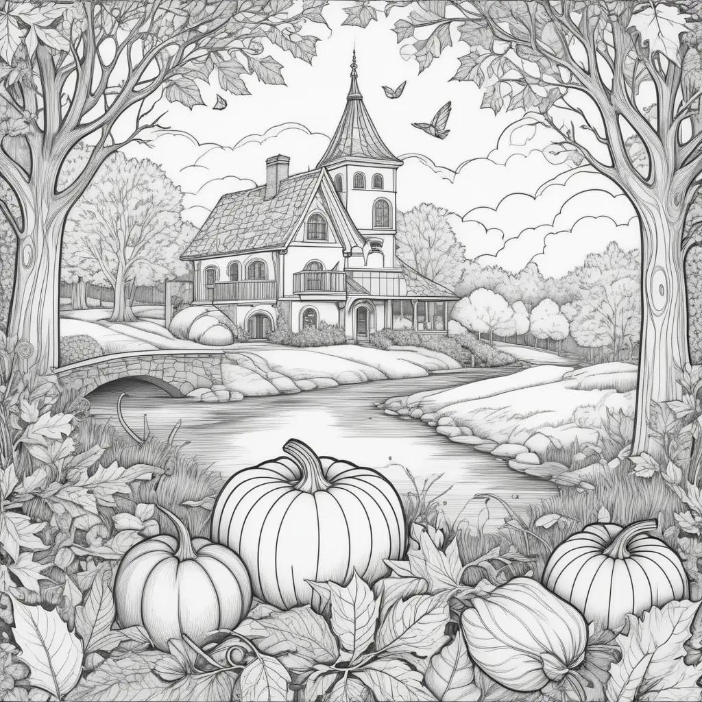 tumn colored drawing of a house, pumpkin and leaves