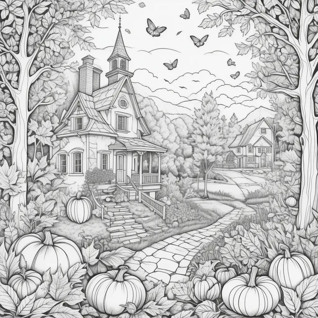 tumn coloring pages feature a cottage, trees, and pumpkins