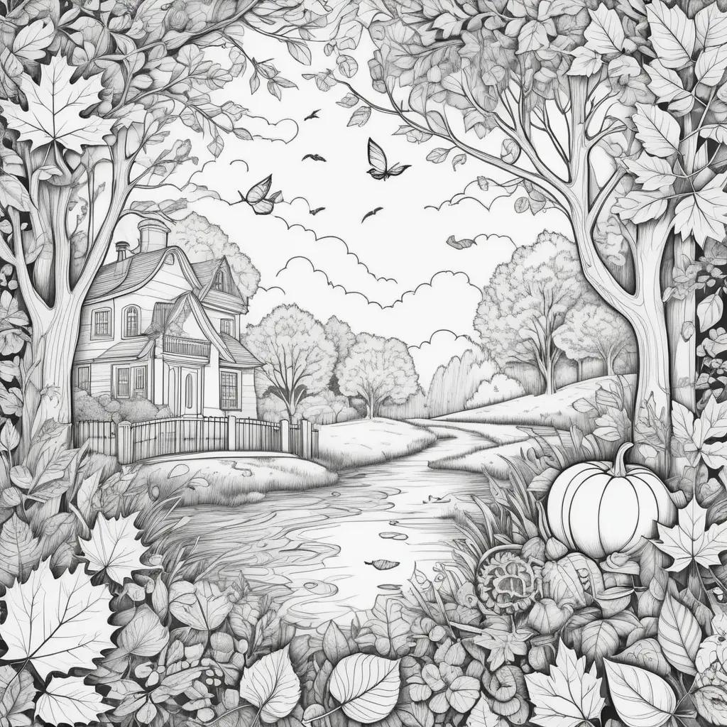 tumn coloring pages feature a house and trees with leaves