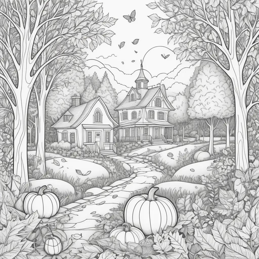 tumn coloring pages feature a tree, house, and pumpkins