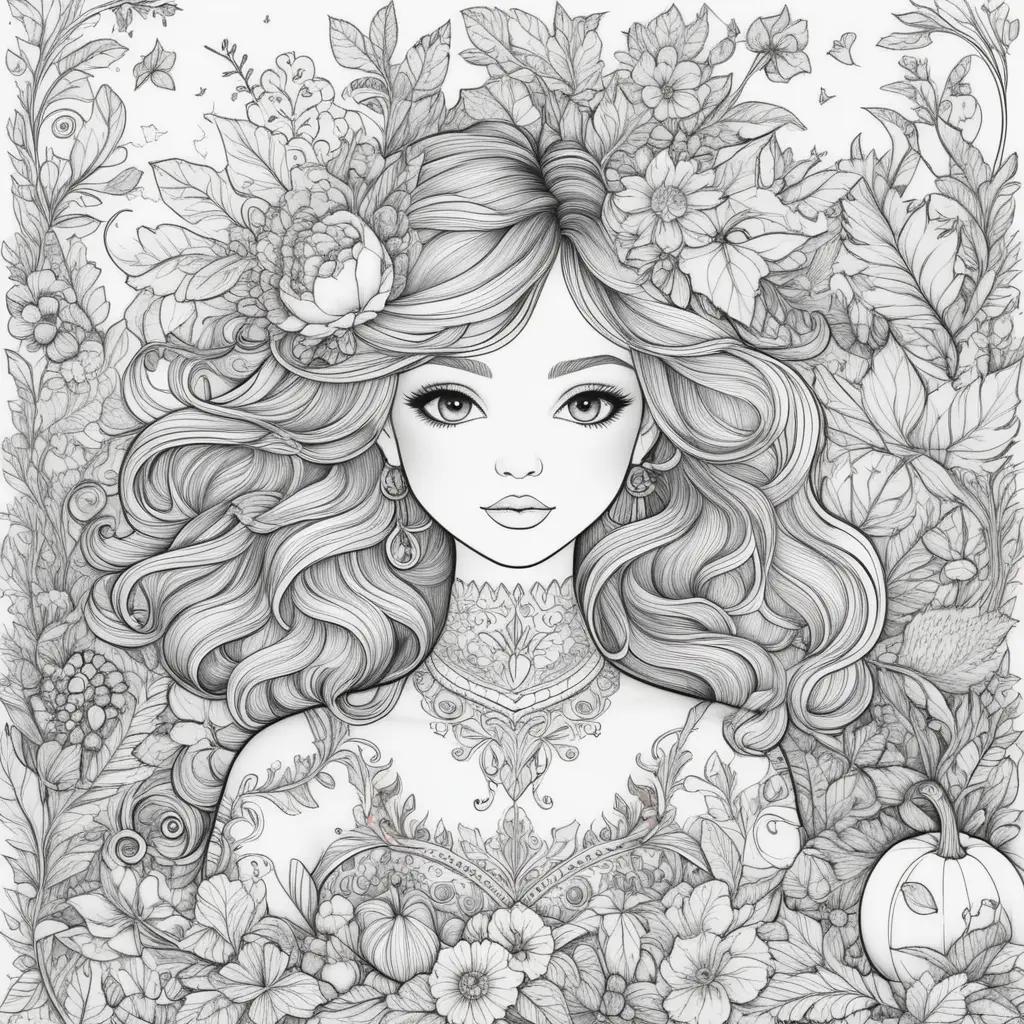 tumn coloring pages featuring a girl with flowers and pumpkins