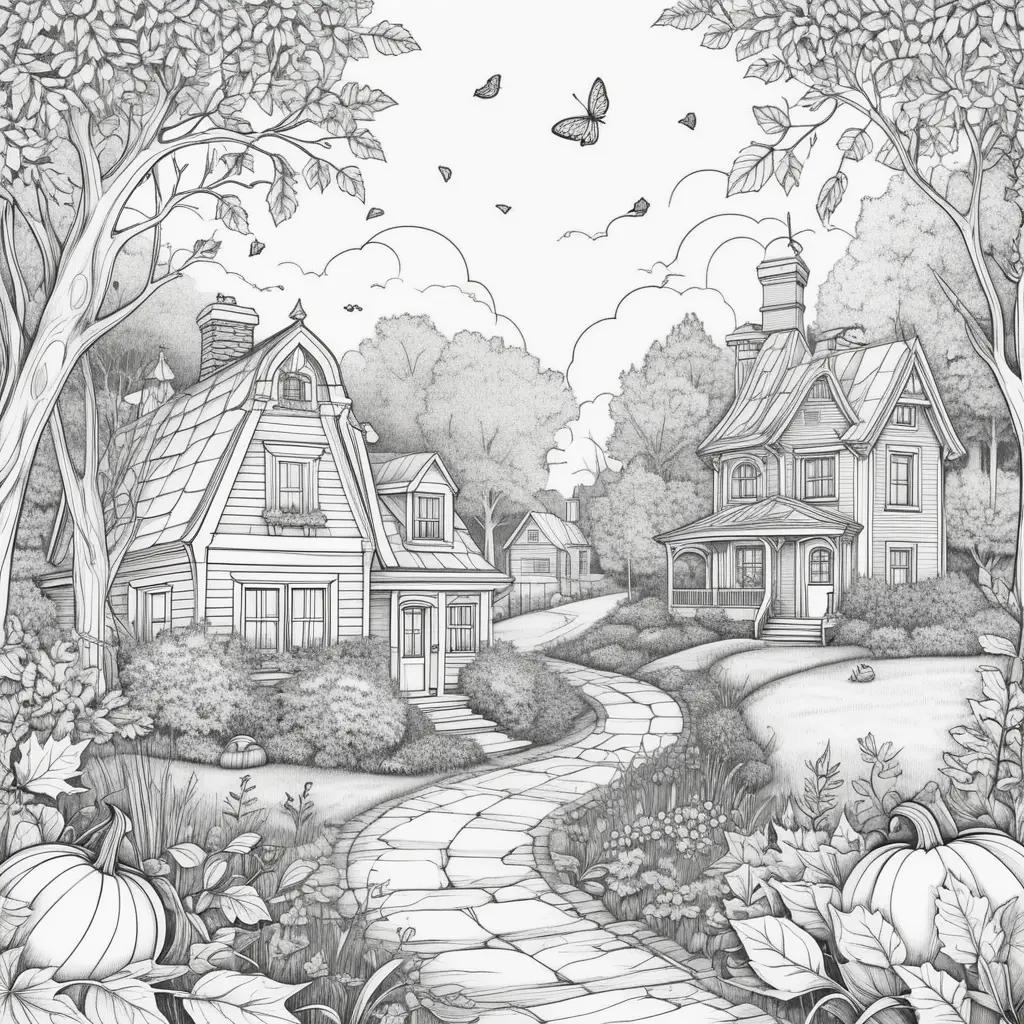 tumn coloring pages featuring a village and a tree