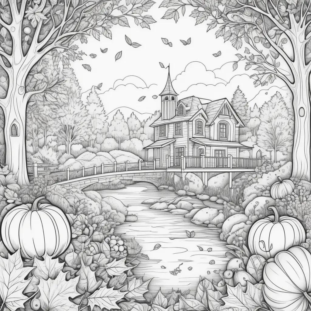 tumn coloring pages with a church, bridge, and pumpkin