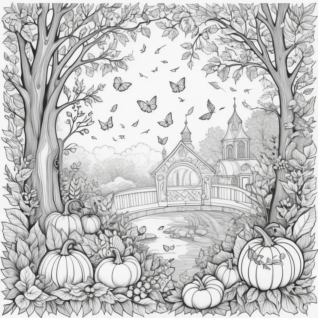 tumn coloring pages with a church, pumpkins, and butterflies