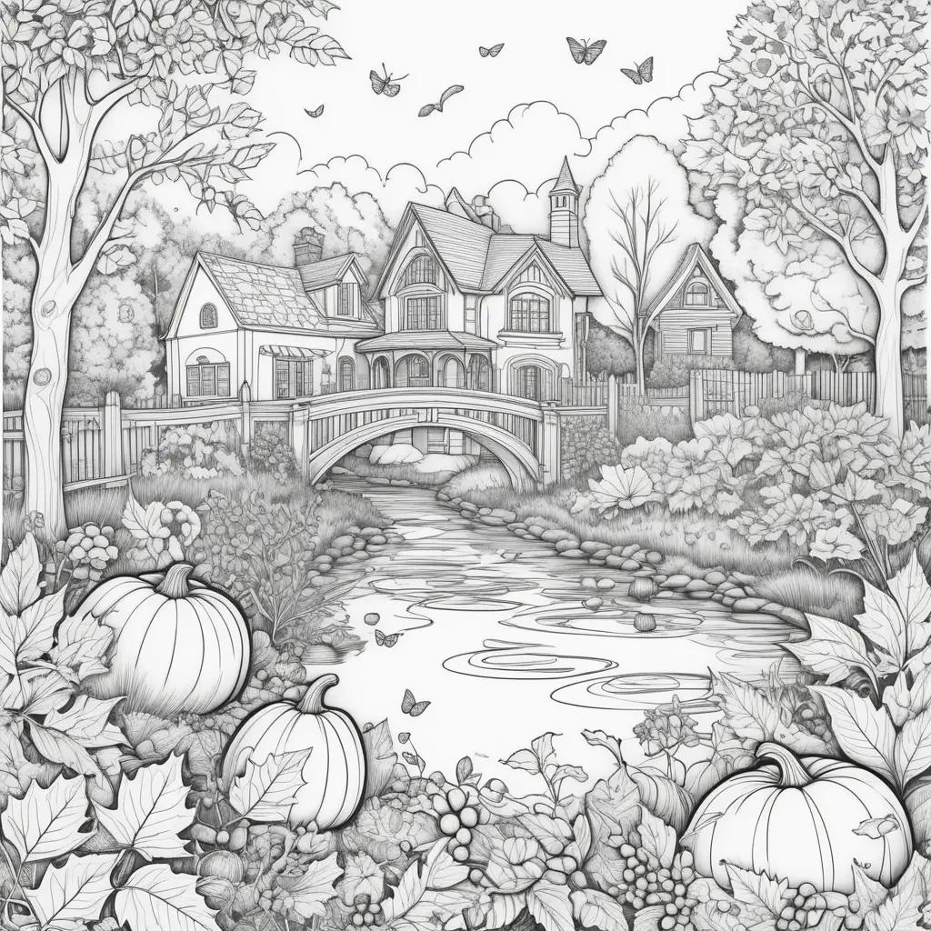 tumn coloring pages with a house, bridge, pumpkins, and trees