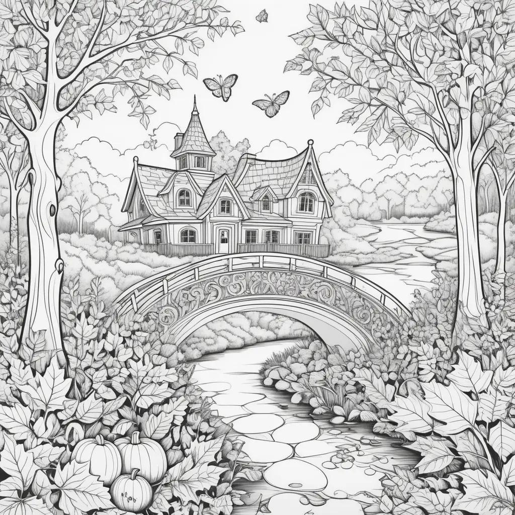 tumn colors on a drawing of a bridge and a house