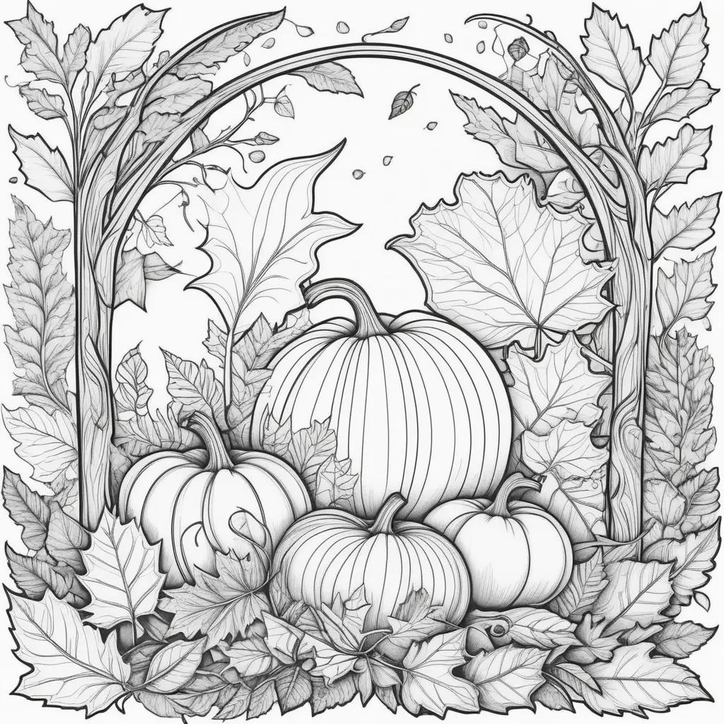 tumn leaves and pumpkins in black and white coloring pages