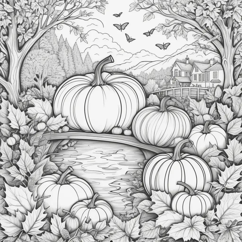 tumn pumpkins and leaves on a black and white coloring page