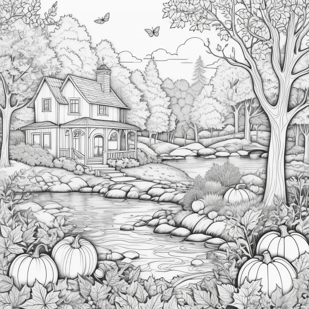 tumn scene coloring pages: a house, pumpkins, and a pond