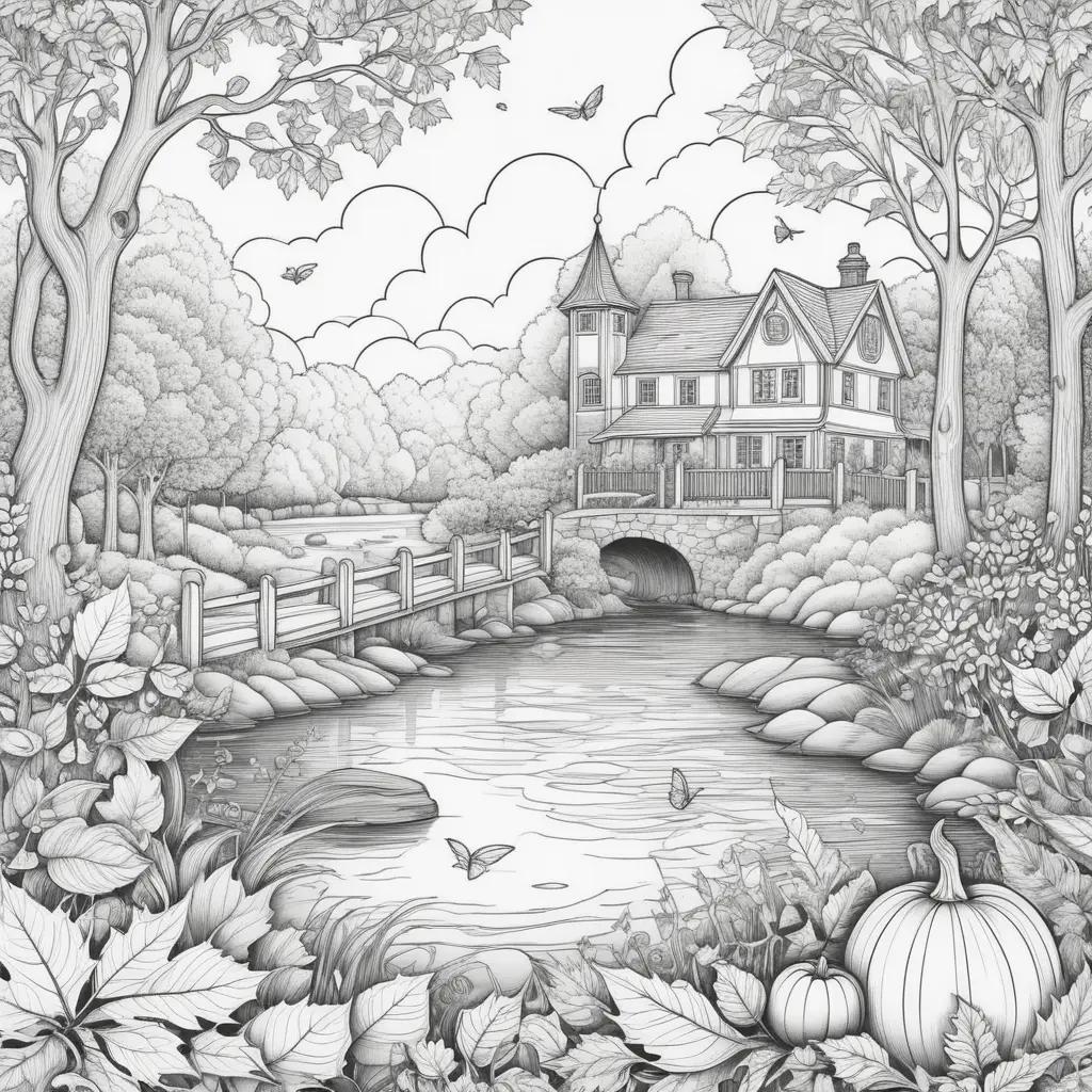 tumn scene with a bridge and pumpkins on a coloring page