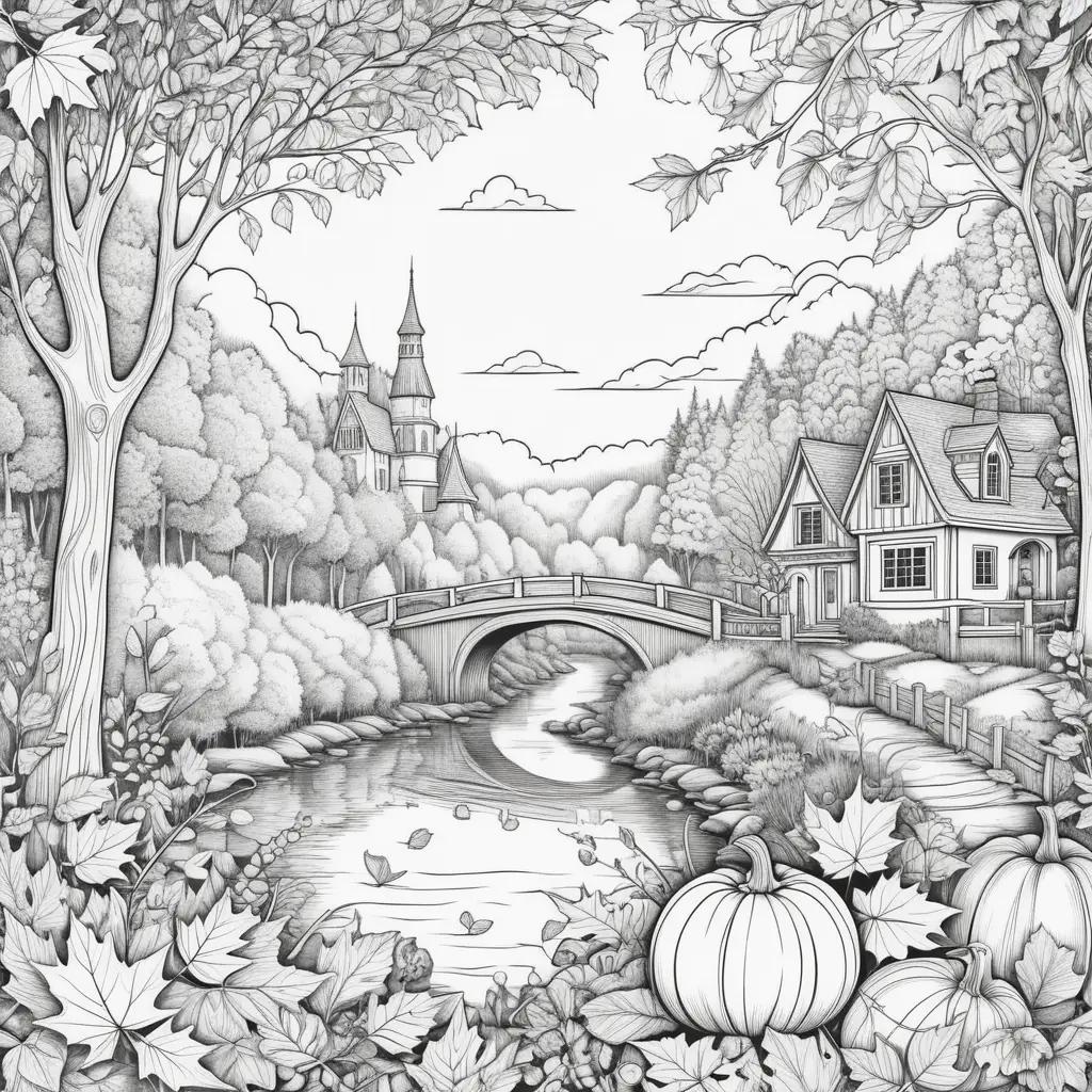 tumn scene with a pumpkin on the right and a bridge with trees and leaves