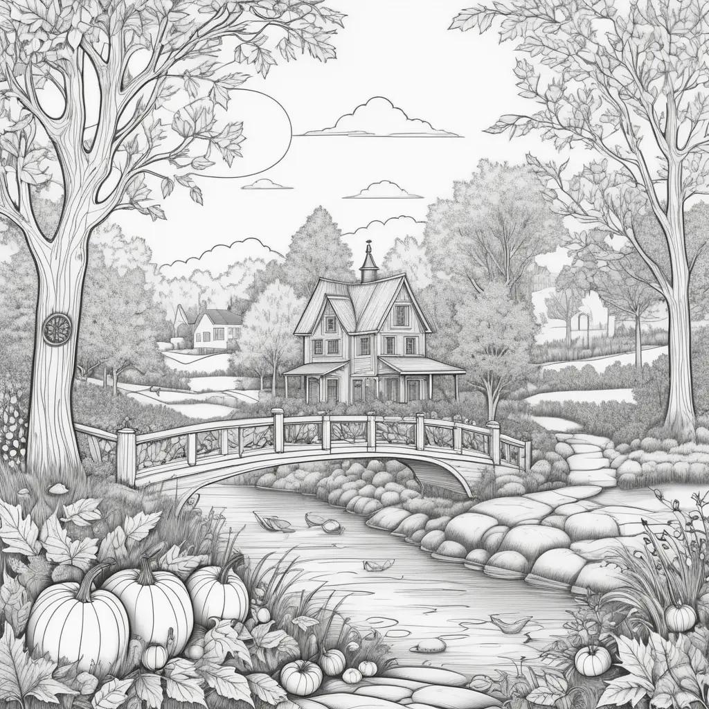 tumn scene with pumpkins, bridge and trees on a coloring page