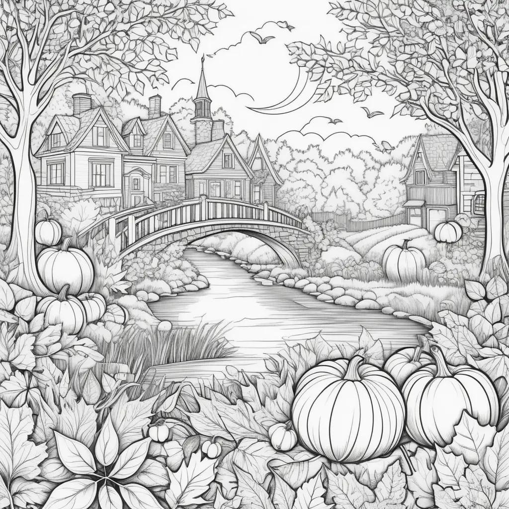 tumn scene with pumpkins and bridge on a river