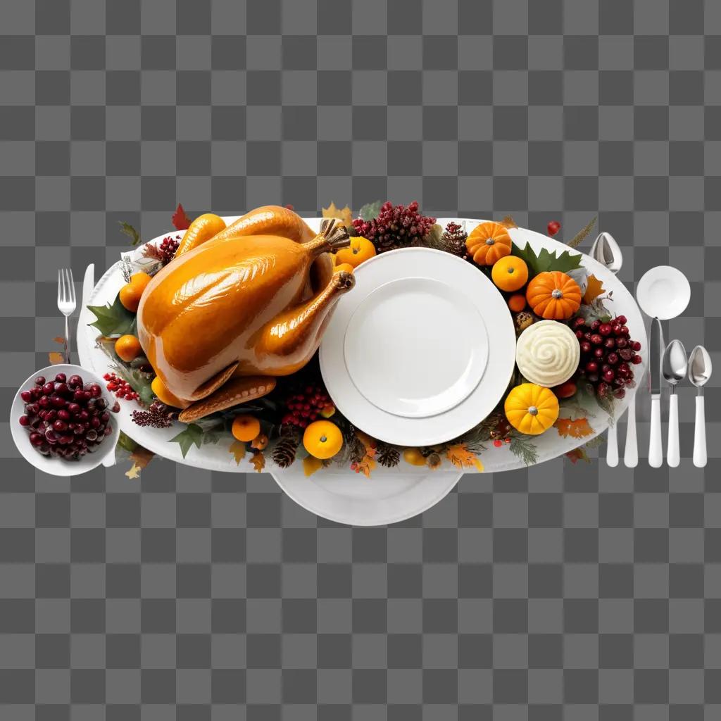 turkey, grapes, and pie on a plate with a white background