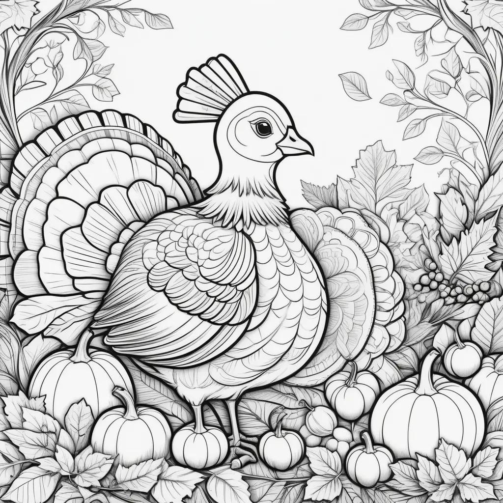 turkey, pumpkin, and berries on a Thanksgiving coloring page