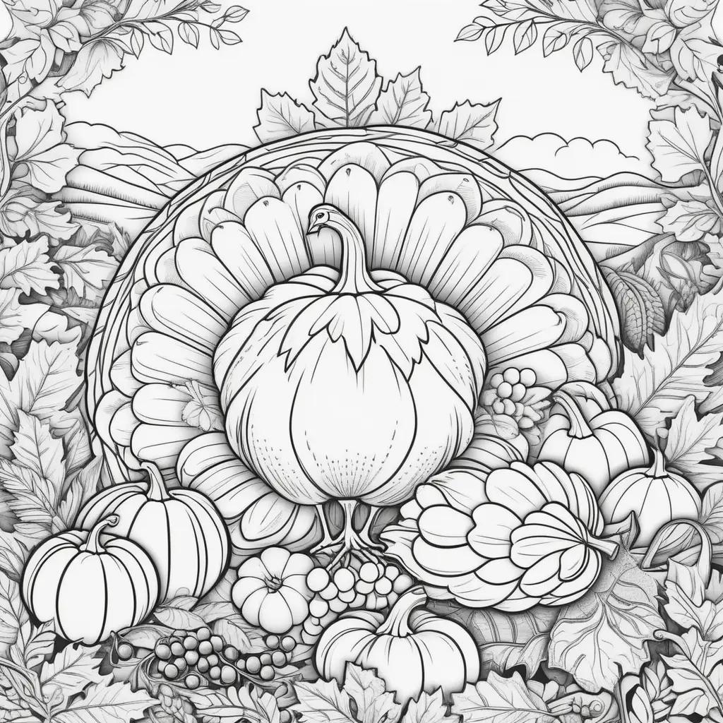 turkey, pumpkin, and grapes on a Thanksgiving day coloring page