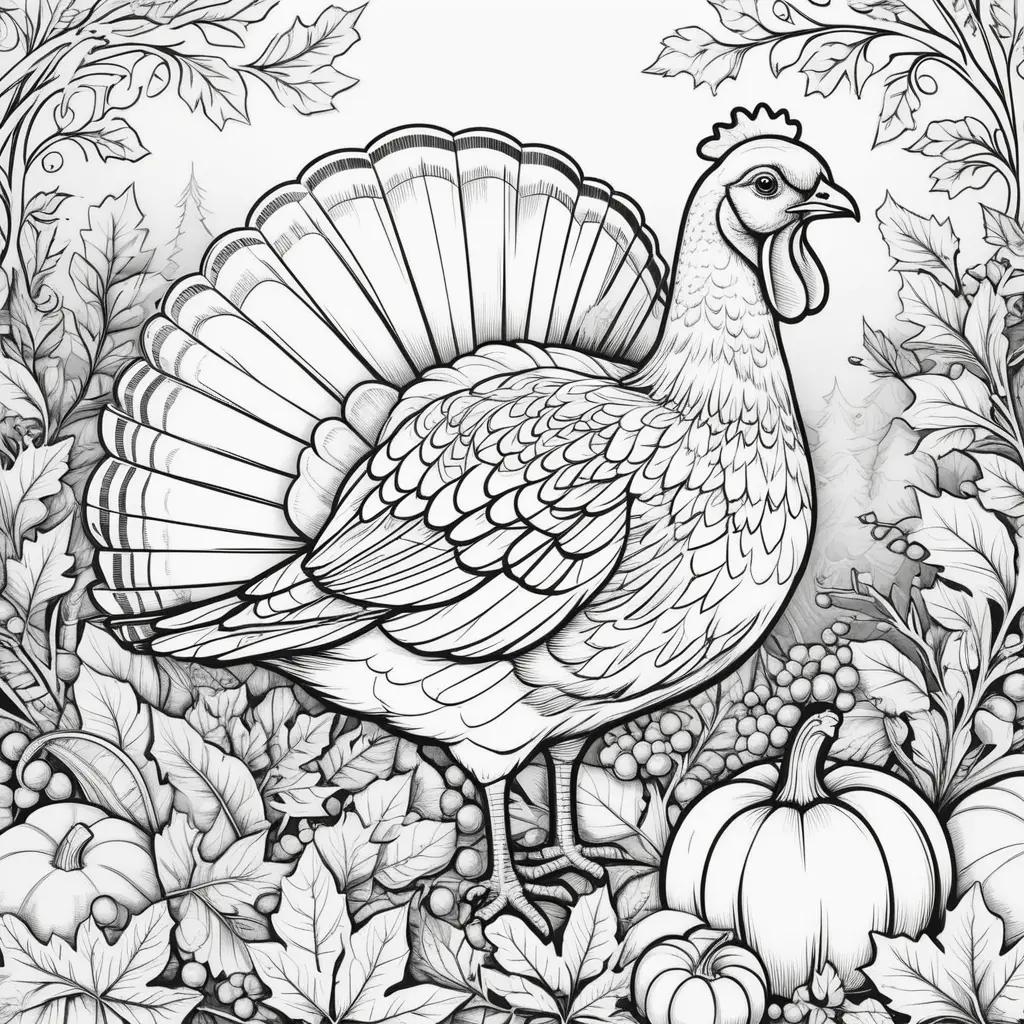 turkey, pumpkin, and leaves on a free printable Thanksgiving coloring page