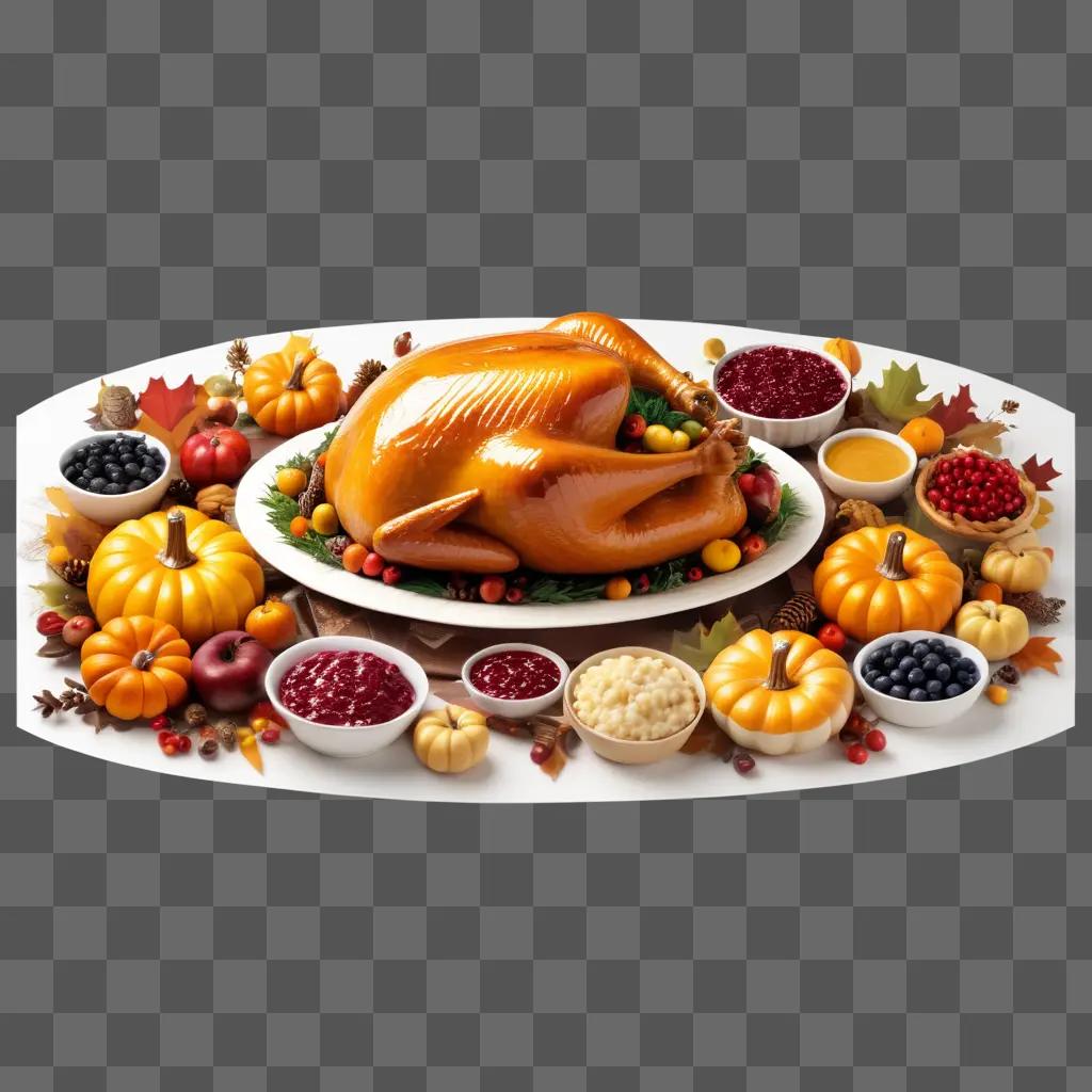 turkey, pumpkins, cranberries, and other Thanksgiving foods on a plate