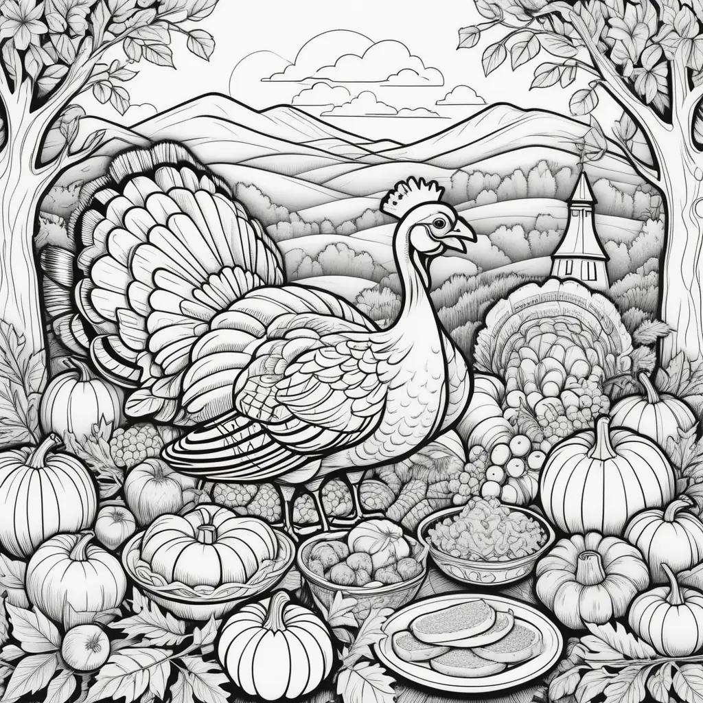 turkey and fruit on a Thanksgiving Day coloring page