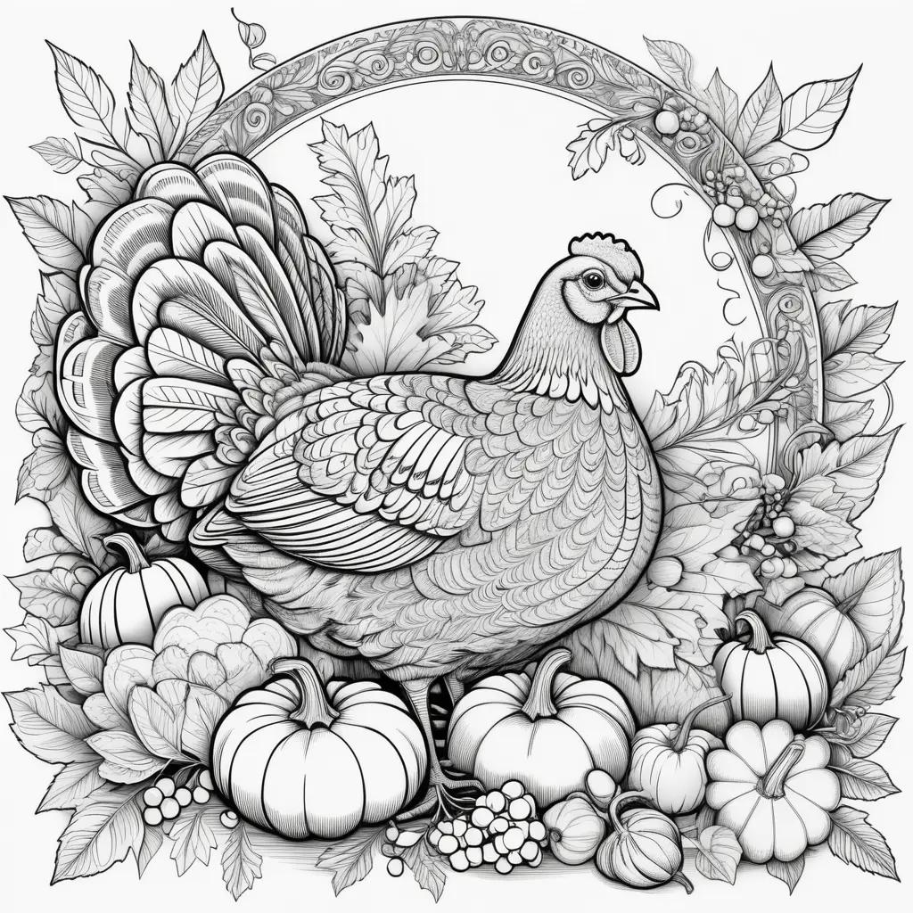 turkey and pumpkins in a Thanksgiving coloring page