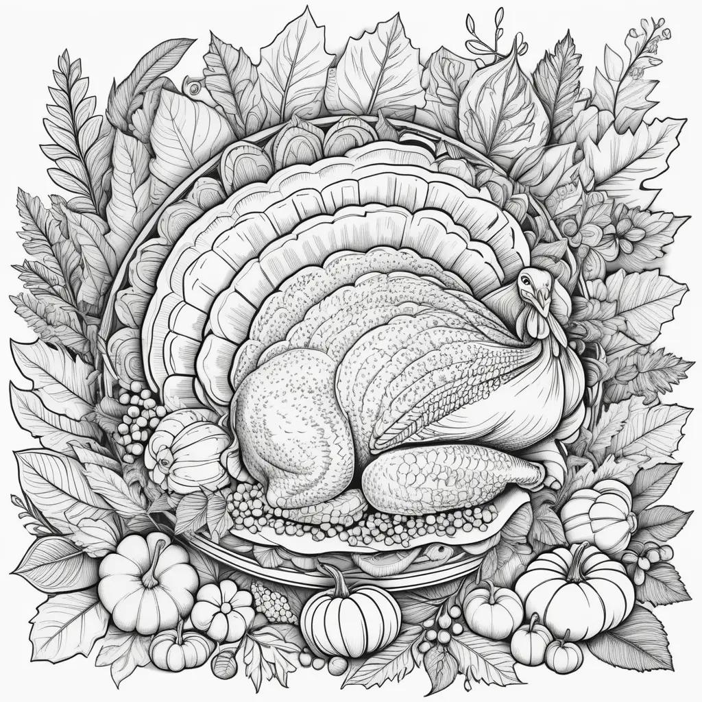 turkey and pumpkins in a Thanksgiving coloring page